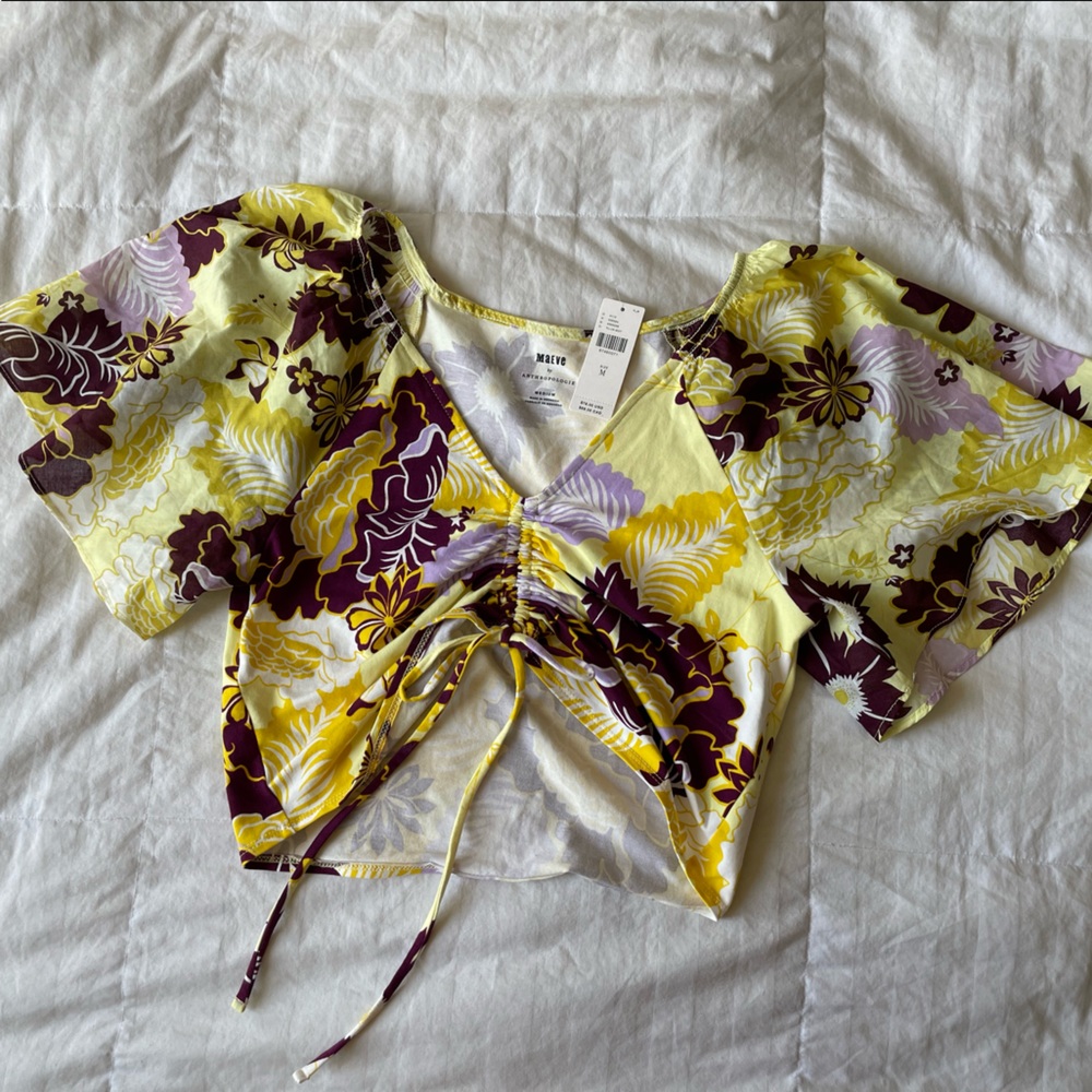 anthropologie yellow/purple floral drawstring crop top!
